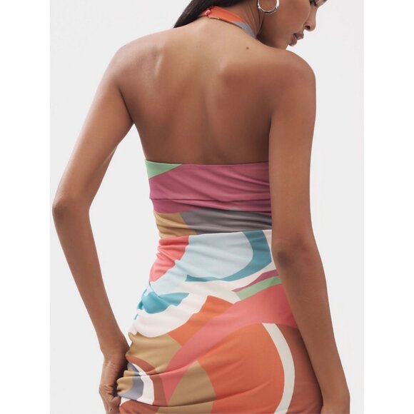 Anthropologie Square-Neck Halter Midi Dress Size M Petite Pink Pattern - Picture 5 of 9